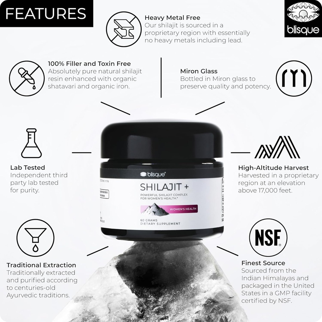 Blisque - Pure Himalayan Organic Shilajit Resin Supplement | for Women’s Health | with Organic Shatavari and Iron | Authentic and Natural | 60 Grams 4