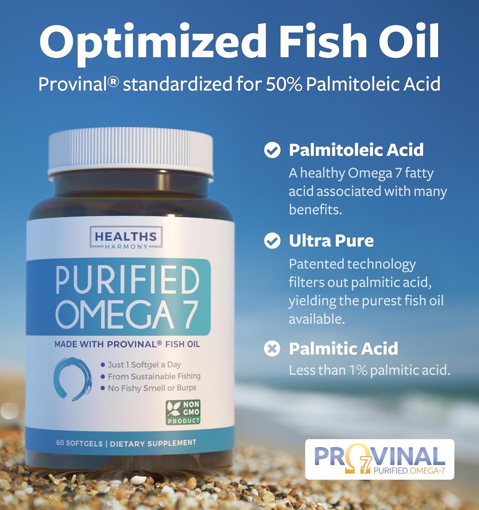 Omega 7 Supplement for Women and Men - High Potency & Purity Palmitoleic Acid Fatty Acid Fish Oil Supplement from Patented Provinal with Lowest Palmitic Acid - Sustainably Sourced (2 Month Supply) 3