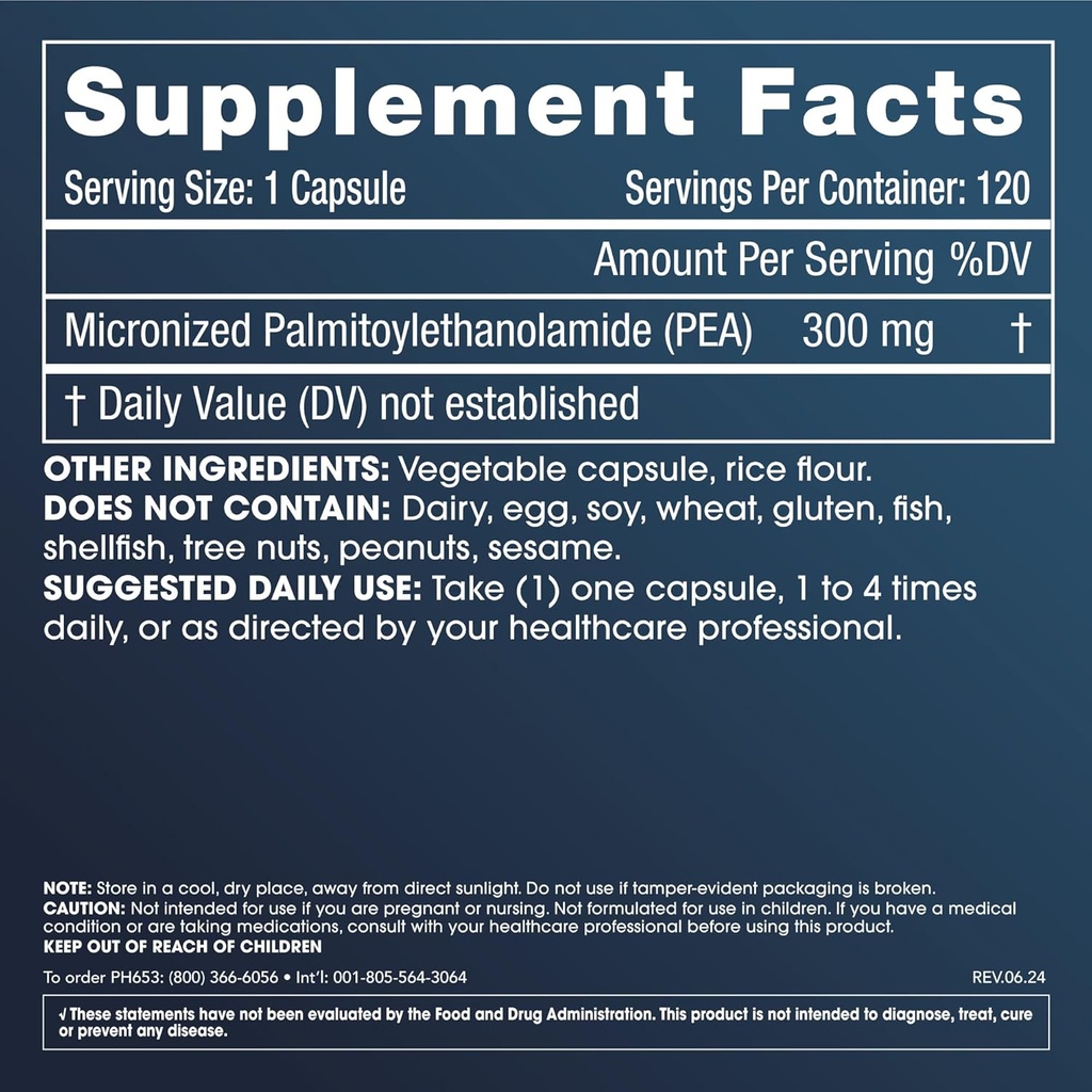 Pure Micronized P.E.A. or Palmitoylethanolamide | Temporarily Relieves Minor Aches | Superior Absorption | Supports Sleep and Longevity | Third-Party Tested | 300 mg per Capsule, 120 Capsules 3