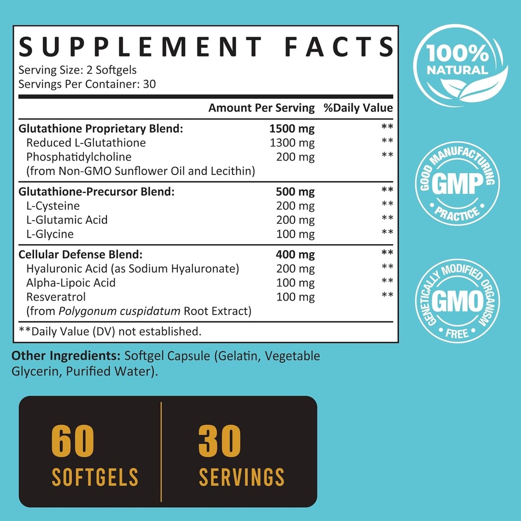 2400 MG Liposomal Glutathione Softgels, Max Absorption, Active Form L-Glutathione Reduced (GSH), with Hyaluronic Acid, Resveratrol, Master Antioxidants for Detox, Brain, Immune System, 480 Softgels 3