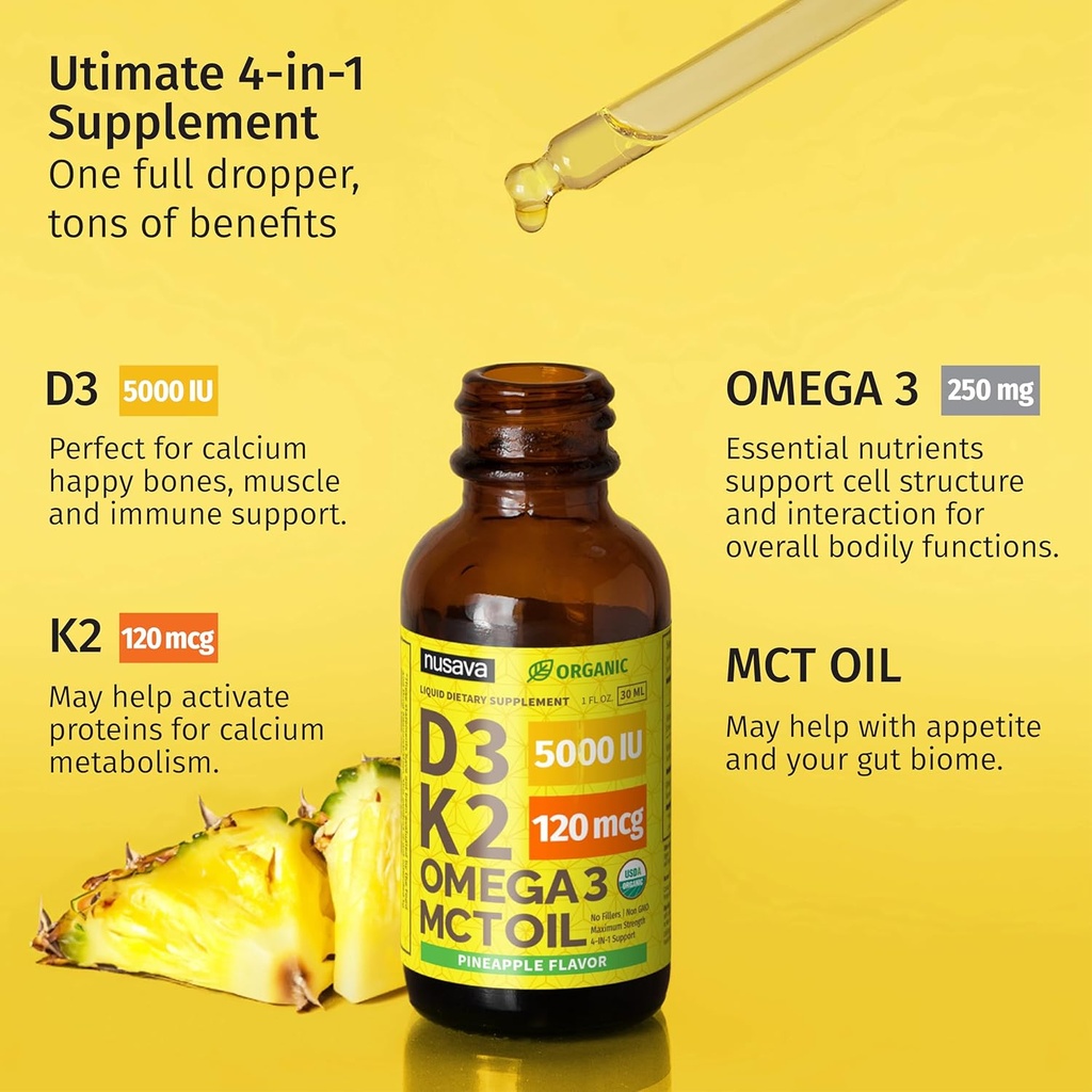 (4 Pack) Organic Vitamin D3 K2 Drops with MCT Oil Omega 3, Maximum Strength Vitamin D Liquid 5000 IU, No Fillers, Non-GMO Liquid D3 for Faster Absorption and Immune Support (Pineapple, 4 Fl Oz) 5