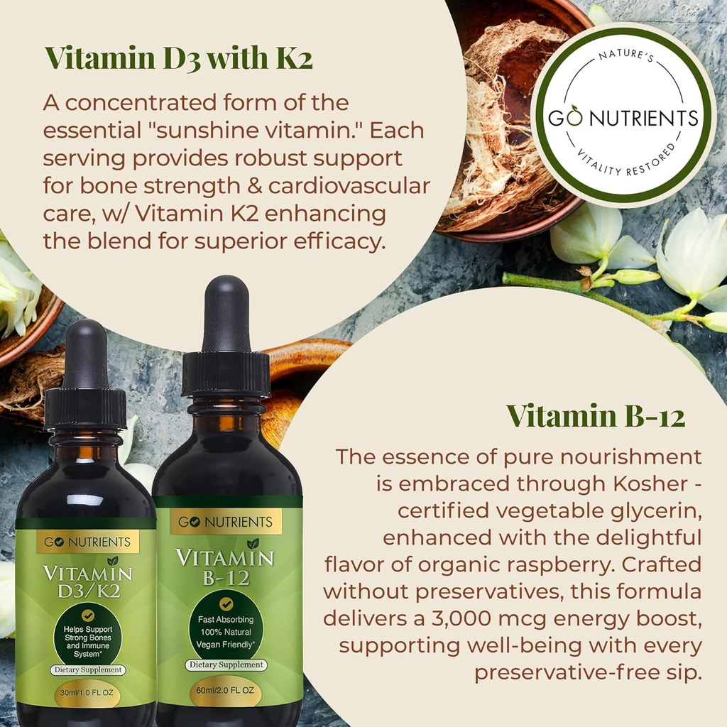 Go Nutrients Vitamin B12 & Vitamin D3 w/K2 Liquid Drops Bundle | Liquid Vitamin B12 Drops, 2oz | Liquid Vitamin D3 Drops, 1oz | No GMO’s, No Preservatives 5