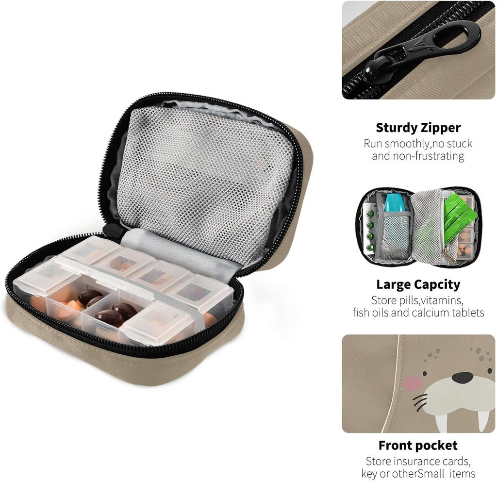 Cute Sea Lion Pill Box 7 Day Pill Case Bag Travel Pill Organizer Bag with Zipper Pill Bag Portable Weekly Case Compact Size for Vitamin Supplement Holder 5