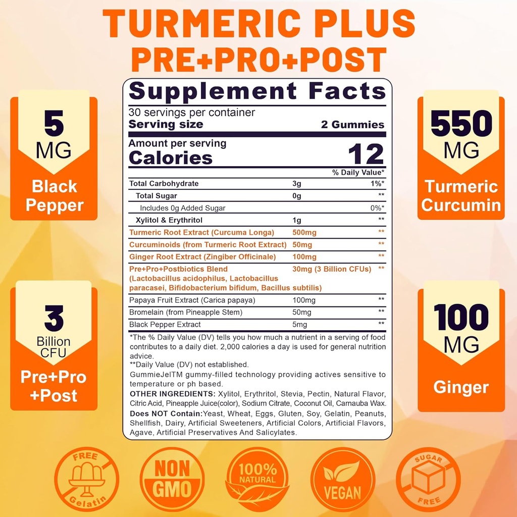 3 Pack Turmeric Curcumin + Vitamin D3 & B12 Gummies, Vegan 3