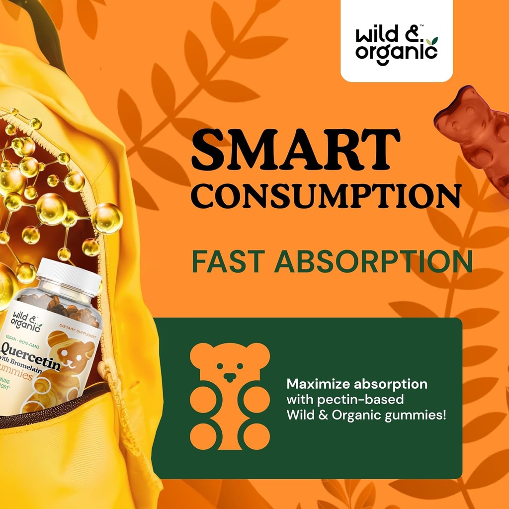 Wild & Organic Quercetin with Bromelain Gummies 800mg - Vegan Bromelain Supplement for Lung Detox and Immune Support - 60 Non-GMO Quercetin Gummies 5