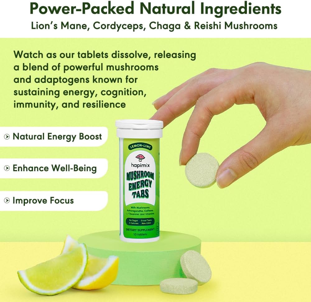 Natural Energy Effervescent Tablets | Lemon-Lime with Natural Caffeine, Lion's Mane & Electrolytes | 8 Powerful Adaptogens with 50mg Caffeine | Dissolves in Water | 10 Servings 4