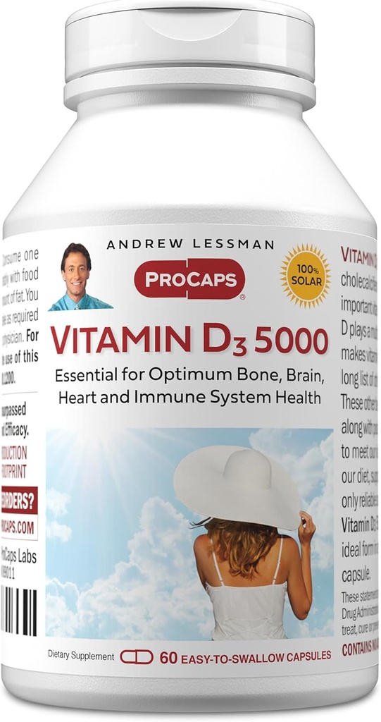 ANDREW LESSMAN Vitamin D3 5000 IU 60 Capsules - High Potency, Essential for Calcium Absorption, Supports Bone Health, Healthy Muscle Function, Immune System, More. Small Easy to Swallow Capsules 2