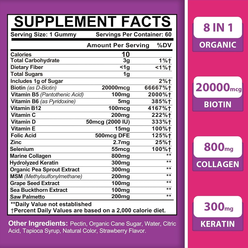 Biotin Gummies for Women and Men, 8 in 1 Organic Formula, Max Strength Biotin and Collagen Gummies with Keratin, Folic Acid & Vitamins, for Hair Growth, Skin and Nails Supplement, Sugar Free,120 Count 3