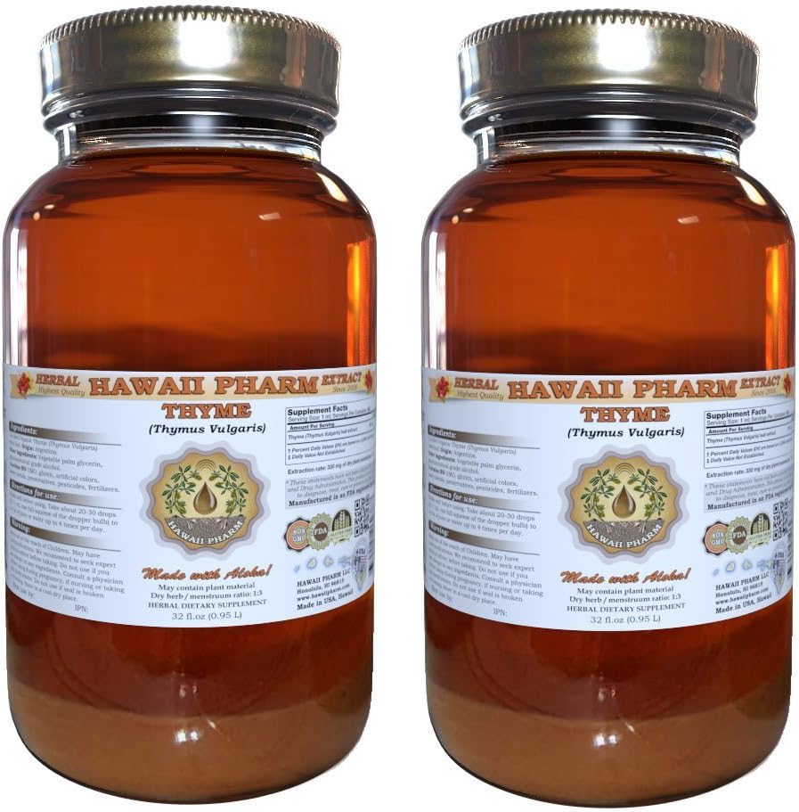 Thyme Liquid Extract, Organic Thyme (Thymus Vulgaris) Tincture, Herbal Supplement, Hawaii Pharm, Made in USA, 2x32 fl.oz 2