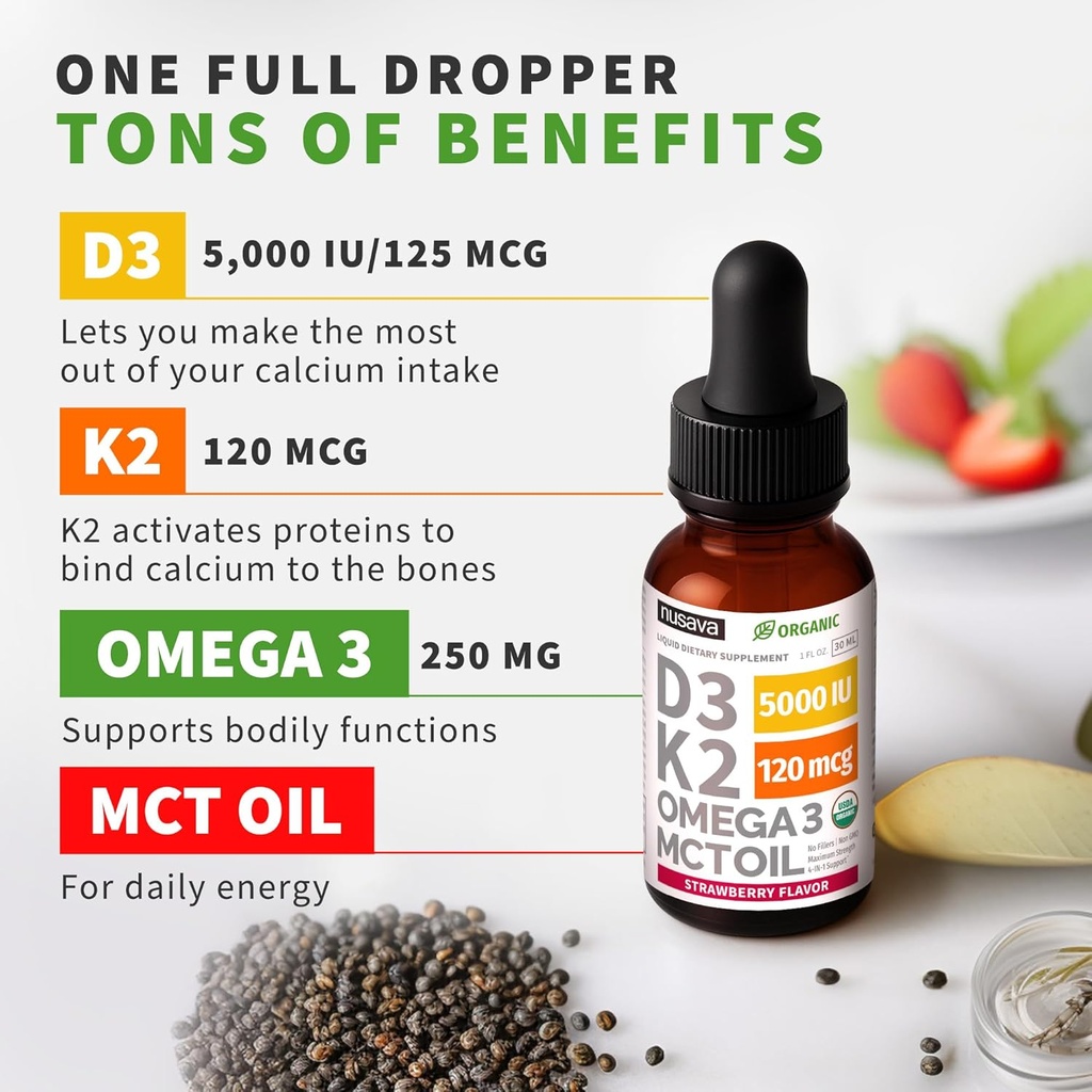 (4 Pack) Organic Vitamin D3 K2 Drops with MCT Oil Omega 3, 5000 IU - Maximum Strength Vitamin D Liquid, No Fillers, Non-GMO Liquid D3 for Faster Absorption and Immune Support (Strawberry, 4 Fl Oz) 4