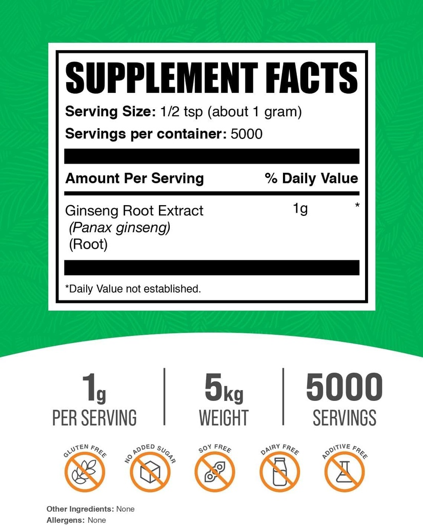 BulkSupplements.com Ginseng Root Extract Powder - Panax Ginseng Supplement, Herbal Supplement - Vegan & Gluten Free, 1g per Serving, 1kg (Pack of 5) (11 lbs) 3