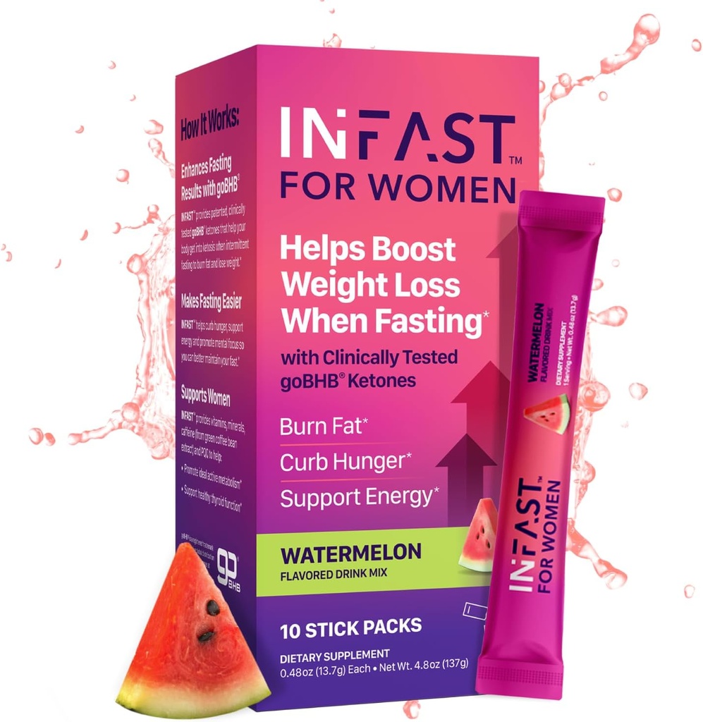 Intermittent Fasting Drink Mix for Women - BHB Exogenous Ketones Powder with Fasting Electrolytes & Green Coffee Bean Extract for Energy Focus and Hormonal Balance Support (Watermelon) - 10ct 2