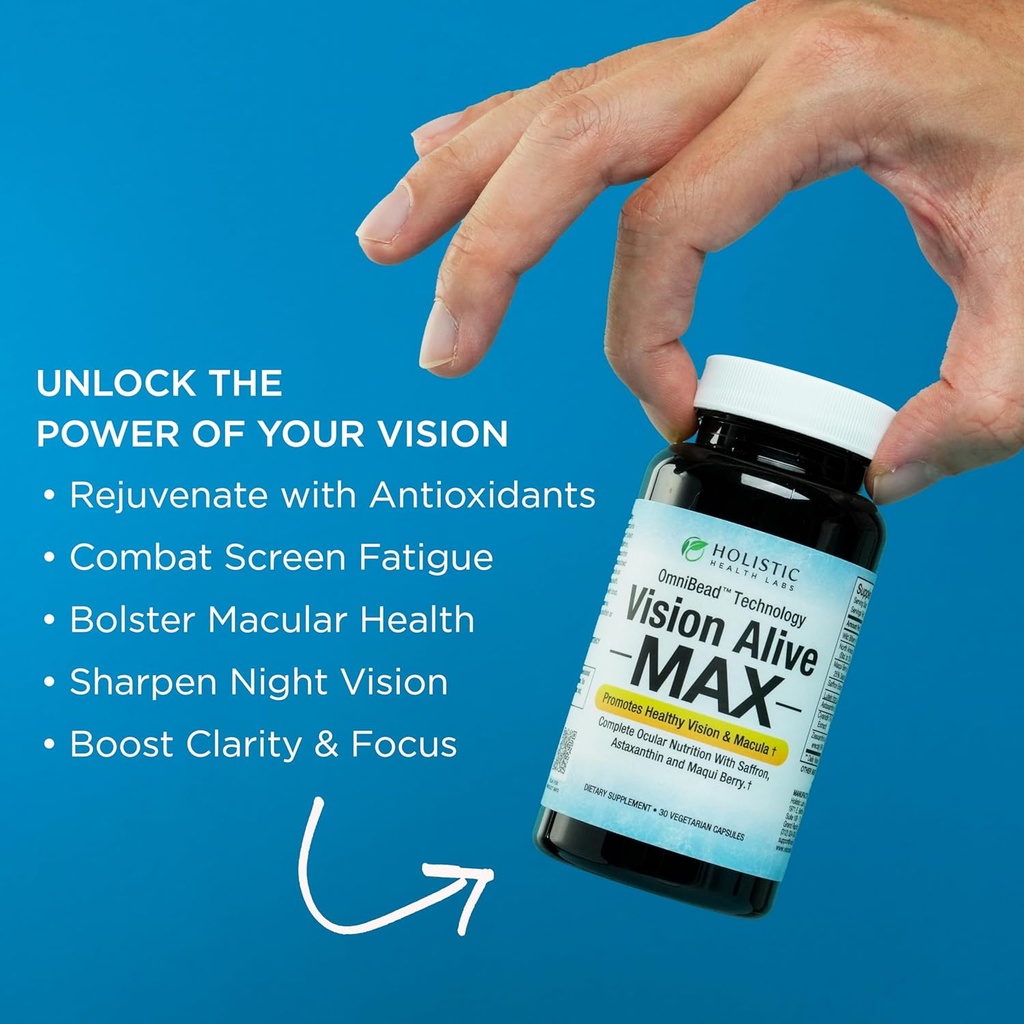 Holistic Health Labs Vision Alive Max with 8 Natural Ingredients Lutemax® 2020, Bilberries, Blueberries, c3g from Black Currant, Maqui Berry, Saffron, and Astaxanthin (30 Count (Pack of 3)) 4