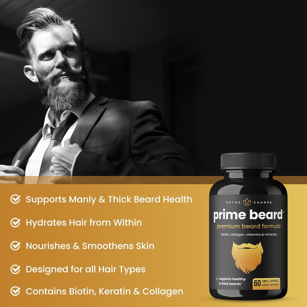NutraChamps Prime Beard Vitamins | Manly, Thick, Fast & Healthy Facial Hair for Men | Beard Vitamins with Biotin, Collagen & Saw Palmetto | Beard Pills for All Hair & Beard Types 3