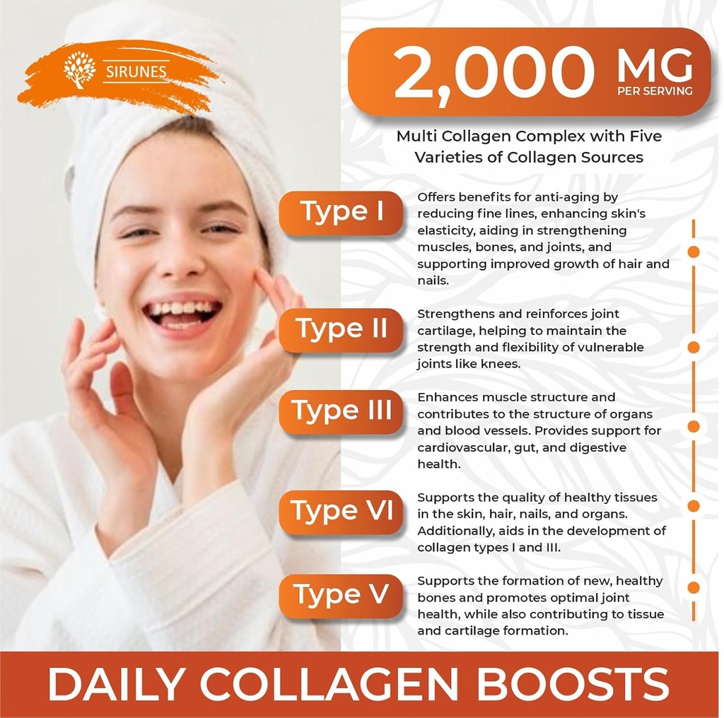 SIRUNES Multi Collagen Peptides Capsules - Non-GMO & Gluten Free Type I, II, III, V, X Hydrolyzed Collagen Supplements with Vitamin C - Supports Healthy Hair, Skin, Nails, & Joints - 100 Capsules 4