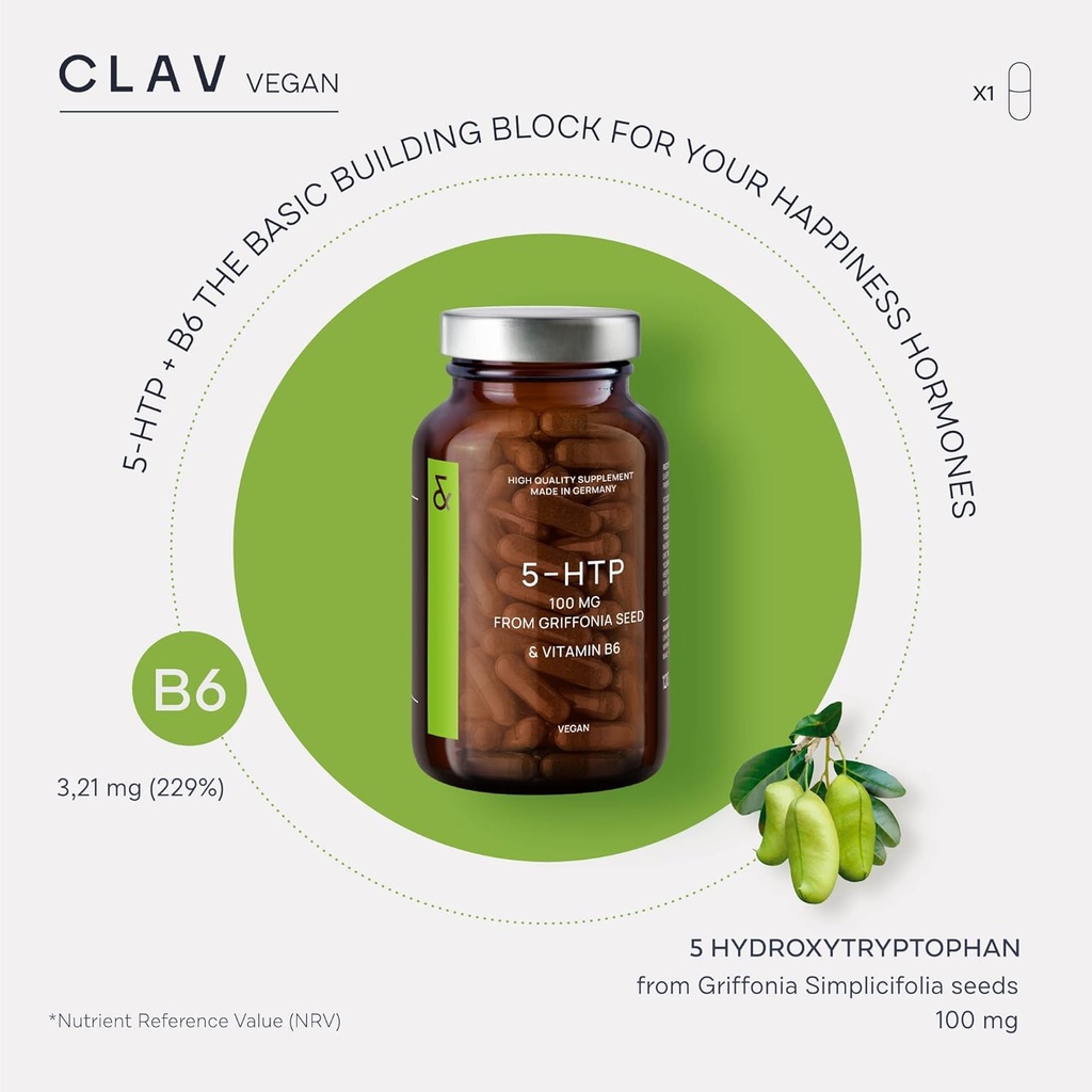 CLAV® 5-HTP 100mg + Vitamin B6 - Vegan 5HTP from Griffonia Seed Extract - 120 Capsules for Sleep & Mood Support - 4-Month Supply - Made in Germany 5