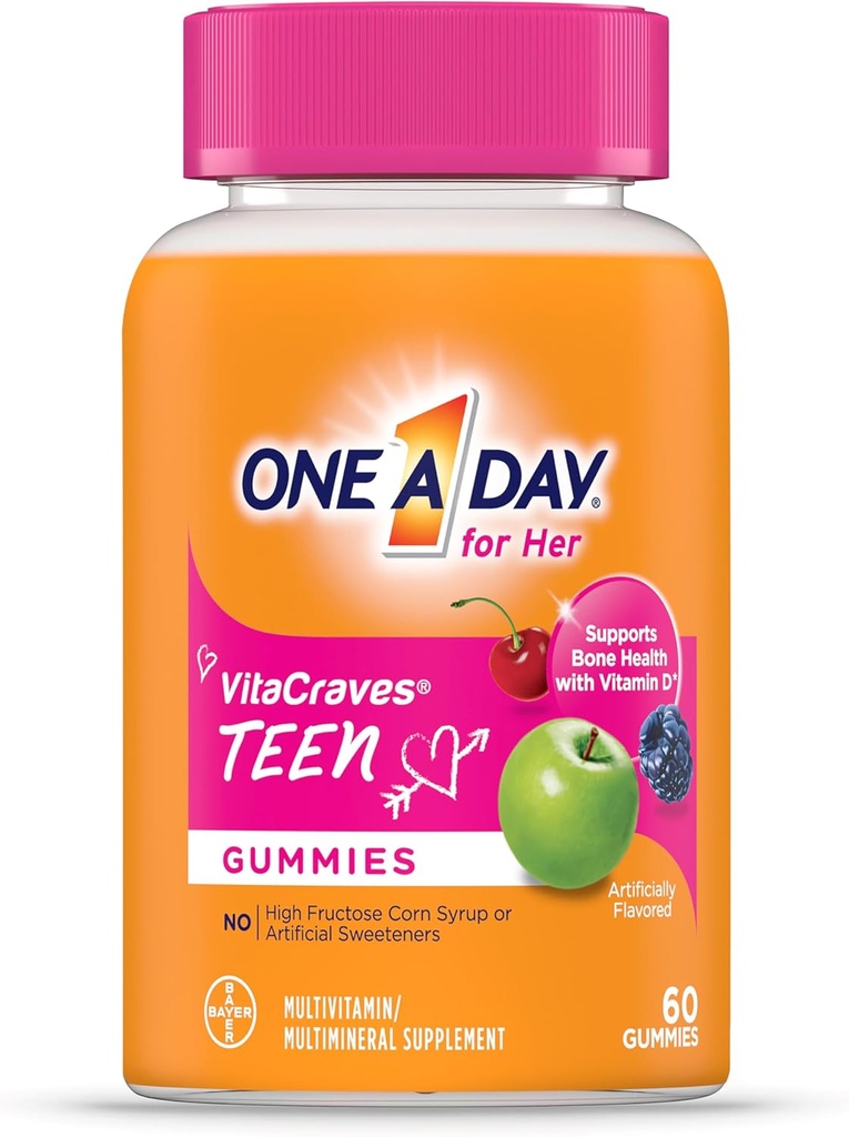 ONE A DAY Teen for Her Multivitamin Gummies, Gummy Multivitamins with Vitamin A, C, D, E and Zinc for Immune Health Support, Physical Energy & More, 60 Count (Pack of 2) 2