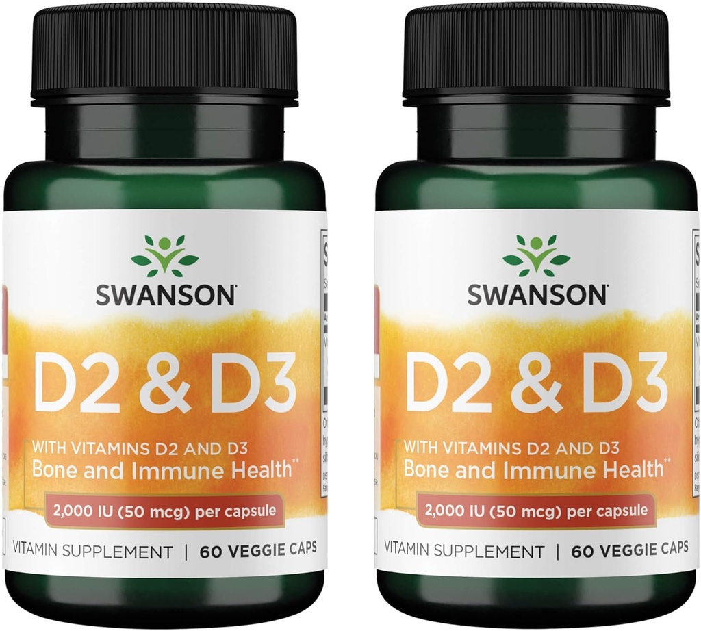 Swanson Vitamin D Complex with Vitamins D2 & D3 - Complete Sunshine Vitamin Complex for Bone, Dental & Immune Health - Vitamin Supplement (50 mcg, 60 Veggie Capsules) (2 Pack) 2