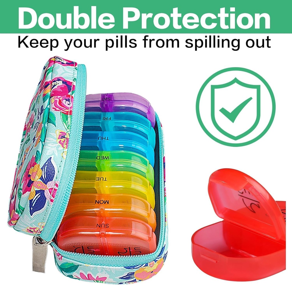 Serfeymi Weekly Travel Pill Organizer 2 Times A Day AM PM Upgraded Rainbow Pill Box 7 Day with Portable Zipper PU Leather Pill Case, Medicine Organizer for Pills, Vitamins, Fish Oils - Green-01 6