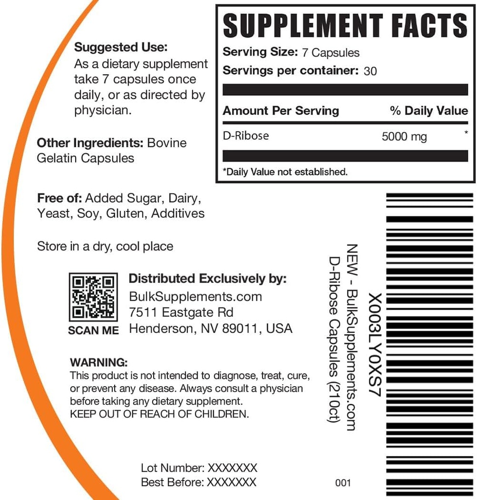 BulkSupplements.com D-Ribose Capsules - Ribose Supplement, for Energy Support - Gluten Free, 7 Capsules per Serving (5000mg), 210 Count (Pack of 1) 3