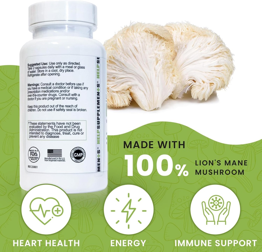 Organic Lion's Mane Mushroom Capsules | 1000mg Lions Mane Powder Extract Supplement | Dietary Herbal Supports for Focus, Memory, Digestion & Immune Health | Gluten, Soy, Milk-Free | 60 Capsules 4