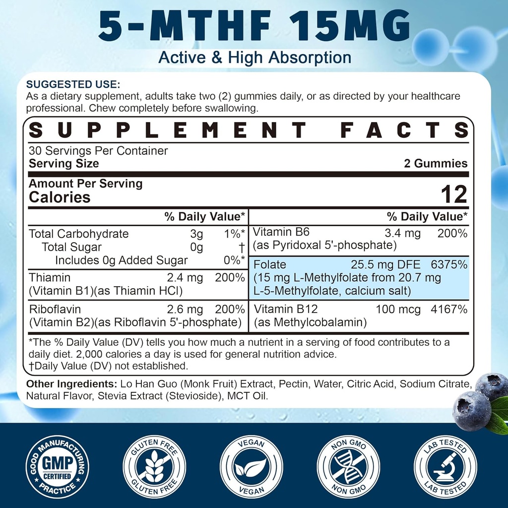 Magnesium Glycinate + L-MethylFolate 15mg & Methyl B12 Gummies, 4 Pack 6