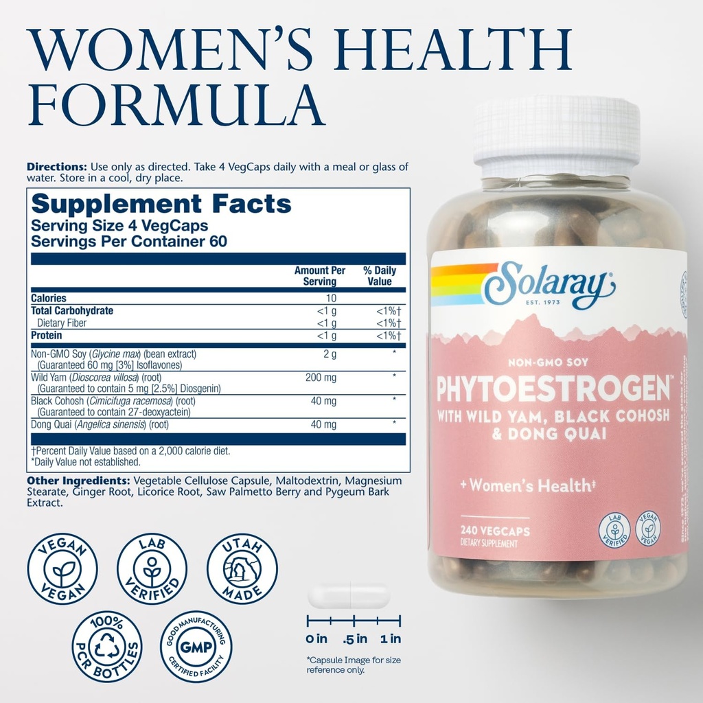 SOLARAY PhytoEstrogen Menopause Supplements with Wild Yam, Black Cohosh and Dong Quai - Phyto Estrogen Pills for Perimenopause and Menopause Support, Vegan, 60-Day Guarantee, 60 Servings, 240 VegCaps 3
