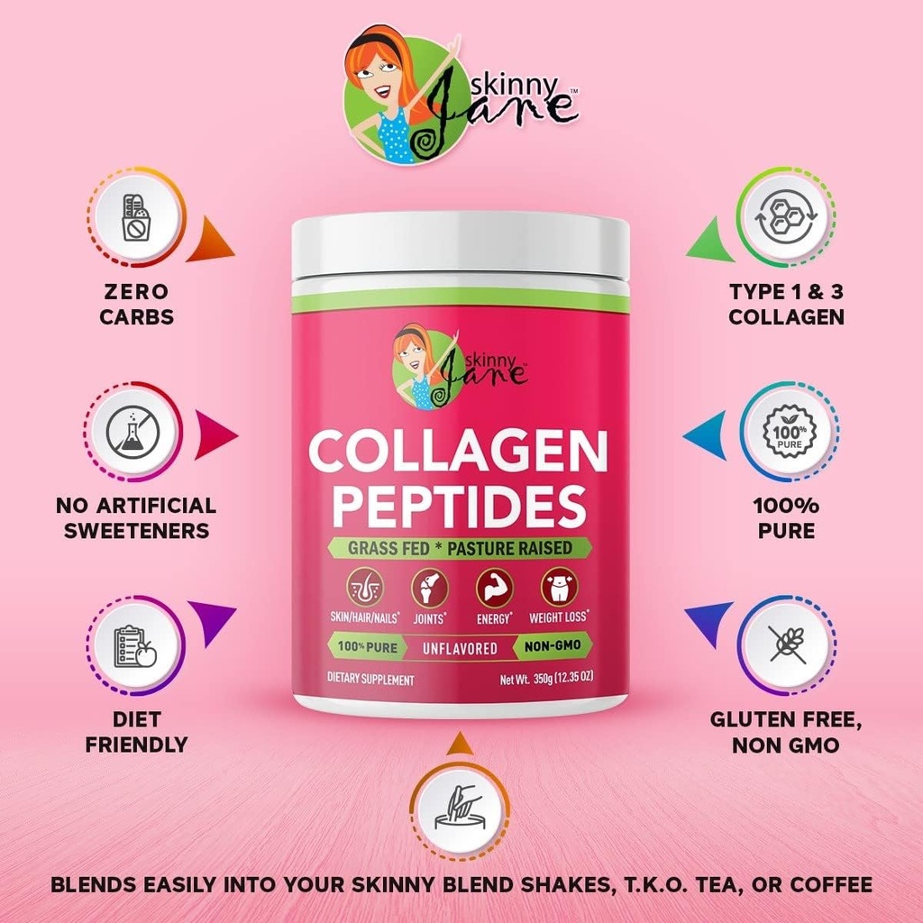 Skinny Jane Collagen Peptides Powder - Rejuvenates Skin - Healthy Hair and Nails -Supports Joints - Keto Friendly, Zero Carbs - Unflavored - 35 Servings 3