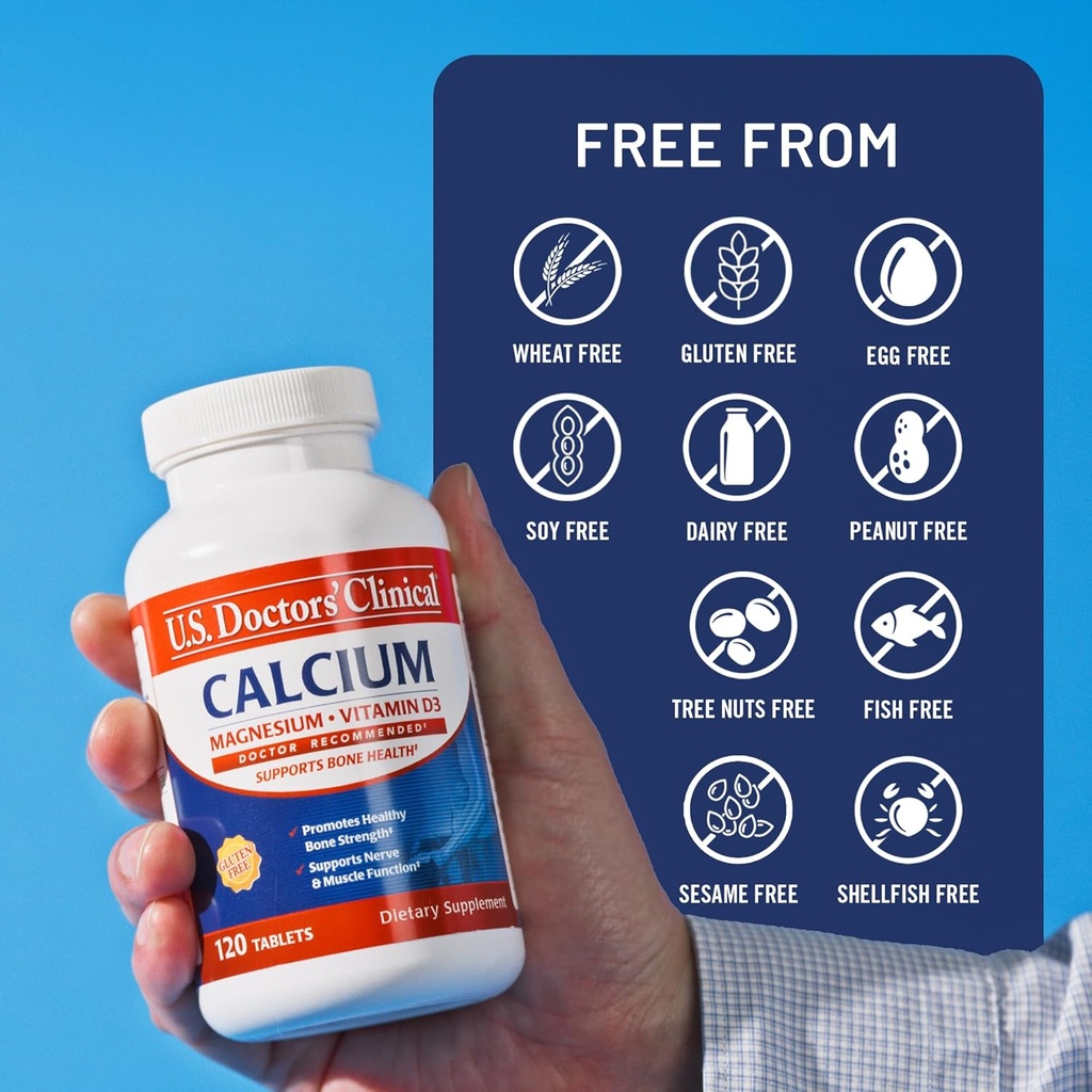 U.S. Doctors' Clinical 1200mg Calcium Citrate & Carbonate Complex with Magnesium & Vitamin D3 - Calcium Supplement for Bone Strength, Muscles & Nerves - Vegan, Non-GMO - 60 Tablets - 1-Month Supply 6
