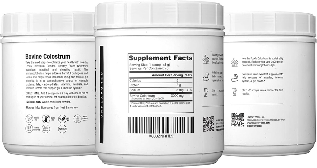HEARTHY FOODS Bovine Colostrum Powder - Upto 30% IGG, 90 Servings, Leaky Gut Repair Supplements, Gut Health and Immune Support | Grass-Fed Halal Non GMO, Gluten Free 16Oz 454g 4