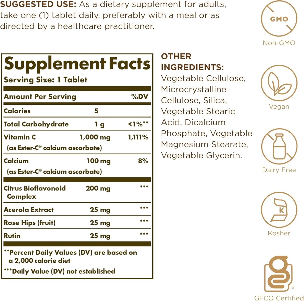Solgar Ester-C Plus 1000 mg Vitamin C (Ascorbate Complex) - 90 Tablets, Pack of 3 - Gentle & Non Acidic - Supports Upper Respiratory Health - Non-GMO, Gluten Free - 270 Total Servings 3