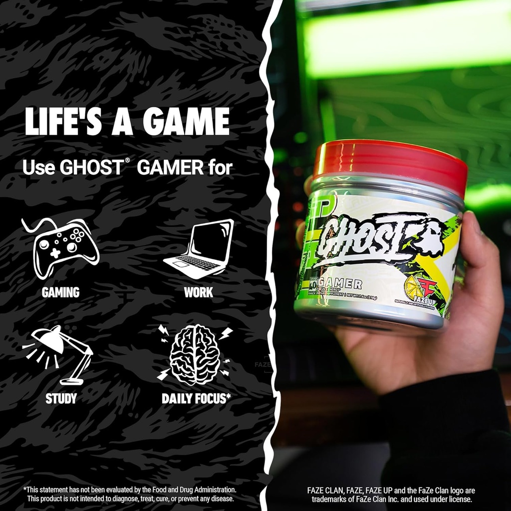 GHOST Gamer Energy and Focus Support Formula, Faze Clan Faze Up - 40 Servings - Nootropics & Natural Caffeine for Attention, Accuracy & Reaction Time - Sugar, Soy & Gluten Free, Vegan 5