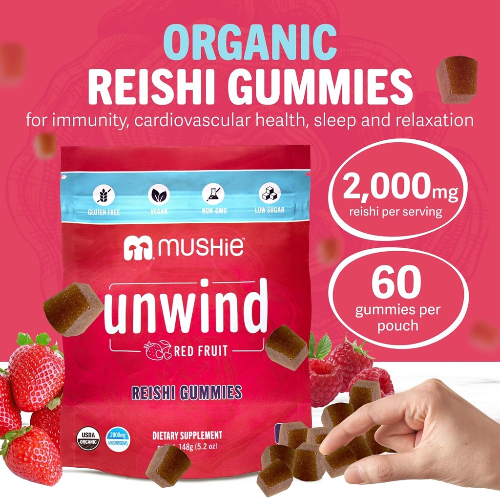 Mushie 100% Organic Reishi Mushroom Gummies - 2000mg Reishi Nootropic for Relaxation, Sleep, Cardiovascular Health & Immune Support with Vitamin D - Vegan, Gluten-Free - 60 Count 3