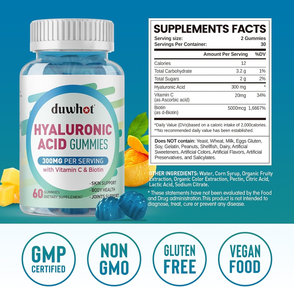 Hyaluronic Acid Gummies, Hyaluronic Acid Supplements with Vitamin C & Biotin 5000mcg for Skin, Hair, Nails Health, Joints Supplements for Women & Men, Low Sugar, Vegan, Non-GMO, 60 Counts 3