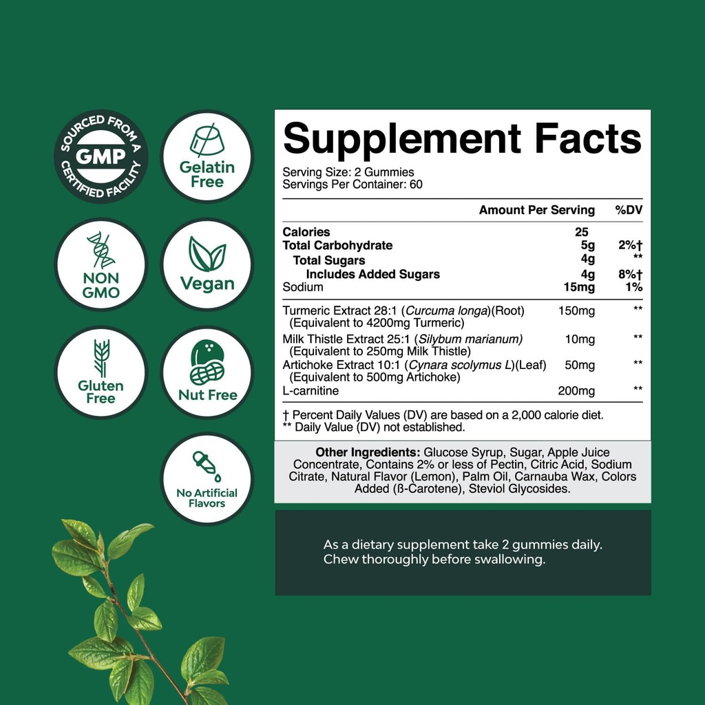Natures Craft Cleansing Herbal Liver Detox Gummies Liver Support Milk Thistle Gummies with Artichoke Extract Turmeric Curcumin and L-Carnitine - Vegan and Non-GMO - Sweet Lemon (60 Servings) 4