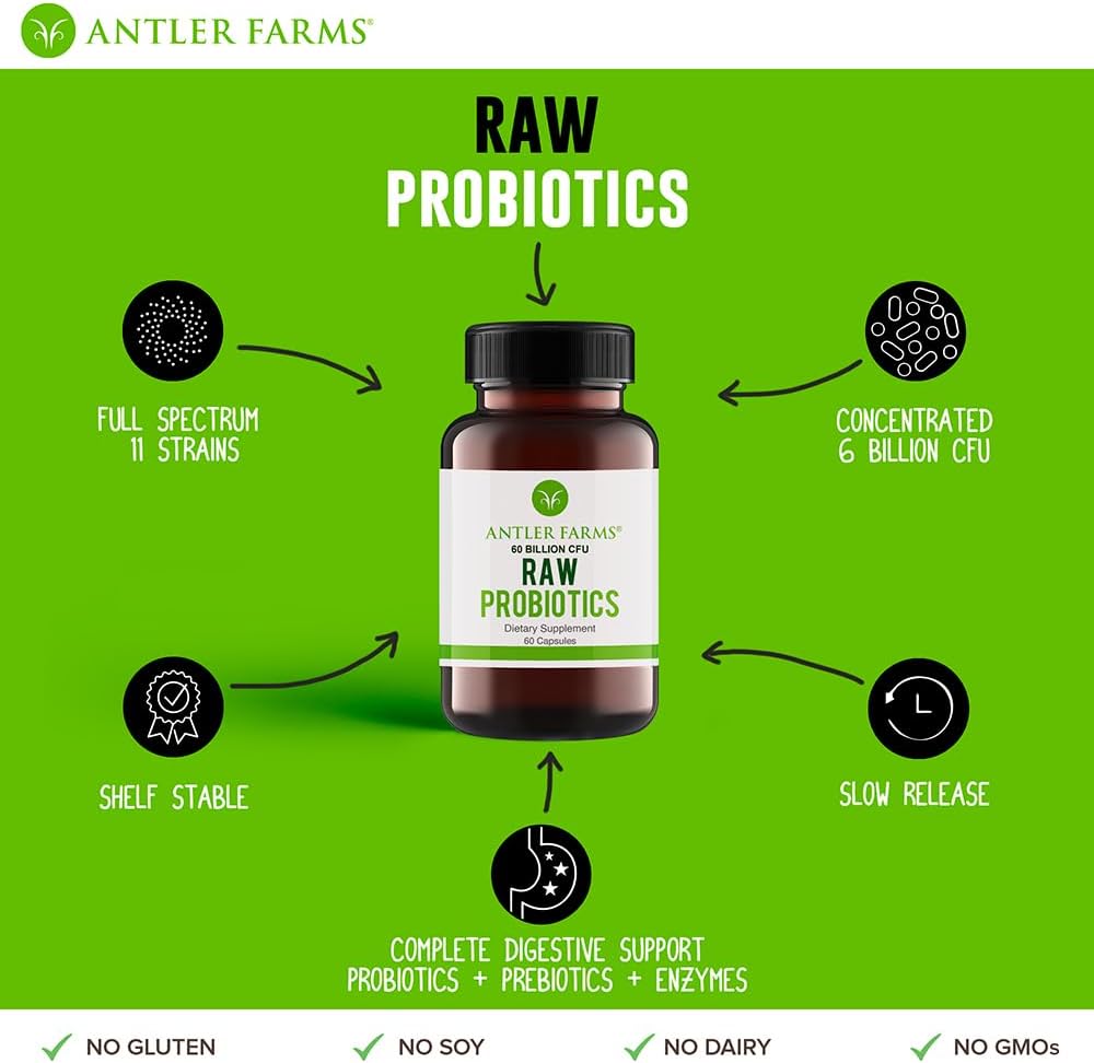 Antler Farms - Raw Probiotics for Digestive Health 60 Billion CFU, 60 Capsules - Prebiotics & Probiotics with Digestive Enzymes, 100% Vegan, Non-GMO, Shelf-Stable for Women & Men 5