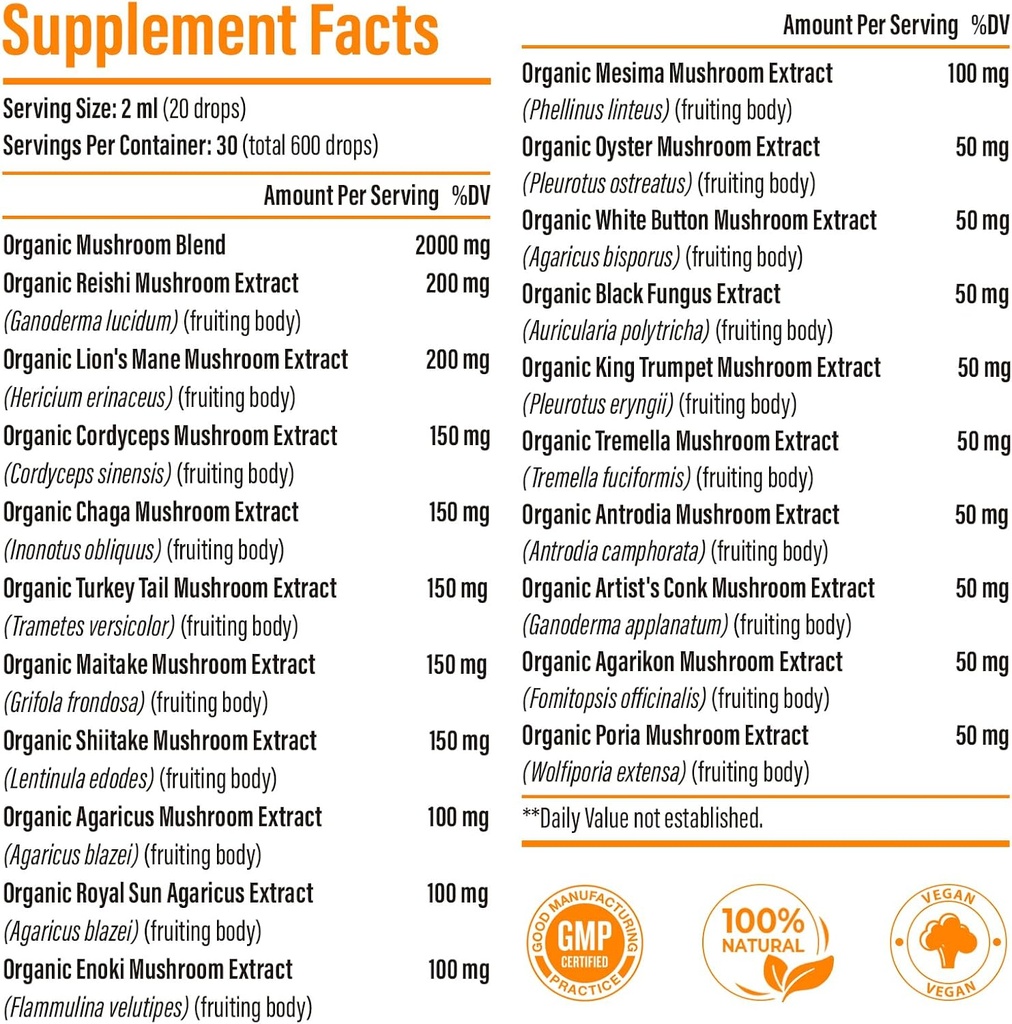 Liposomal Mushroom Complex Drops 2000 MG - 20 Organic Mushroom Extracts - Advanced Liquid Formula for Immunity, Cognitive and Memory - Lions Mane Supplement, Reishi, Cordyceps, Chaga, 300 Servings 3