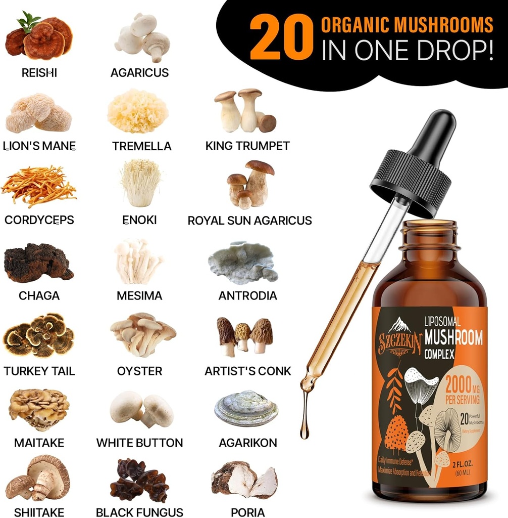 Liposomal Mushroom Complex Drops 2000 MG - 20 Organic Mushroom Extracts - Advanced Liquid Formula for Immunity, Cognitive and Memory - Lions Mane Supplement, Reishi, Cordyceps, Chaga, 300 Servings 5
