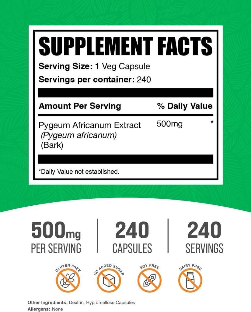 BulkSupplements.com Pygeum Africanum Extract Capsules - Herbal Supplement, from Pygeum Bark - Vegan & Gluten Free, 1 Capsule per Serving, 240 Veg Capsules (Pack of 1) 3