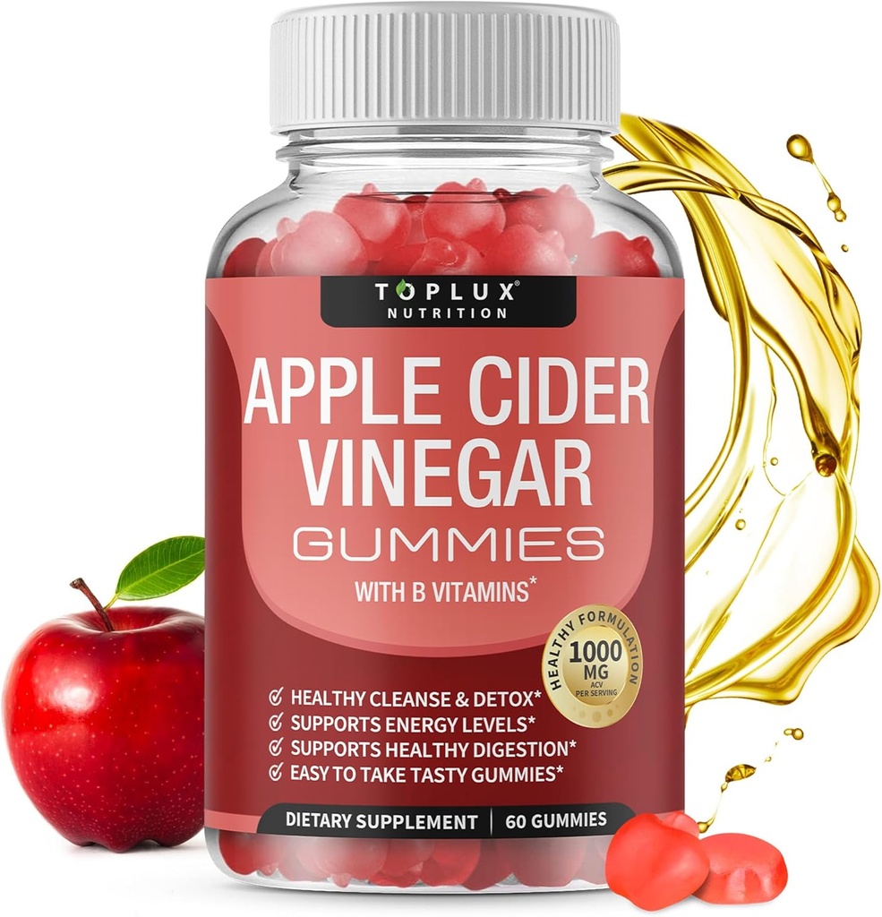 Toplux Apple Cider Vinegar Gummies - 1000mg ACV with B12, Beet Root, Pomegranate for Immune System, Detox & Cleanse, Gummy Alternative to Apple Cider Vinegar Capsules, for Men Women, 60 Gummies 2