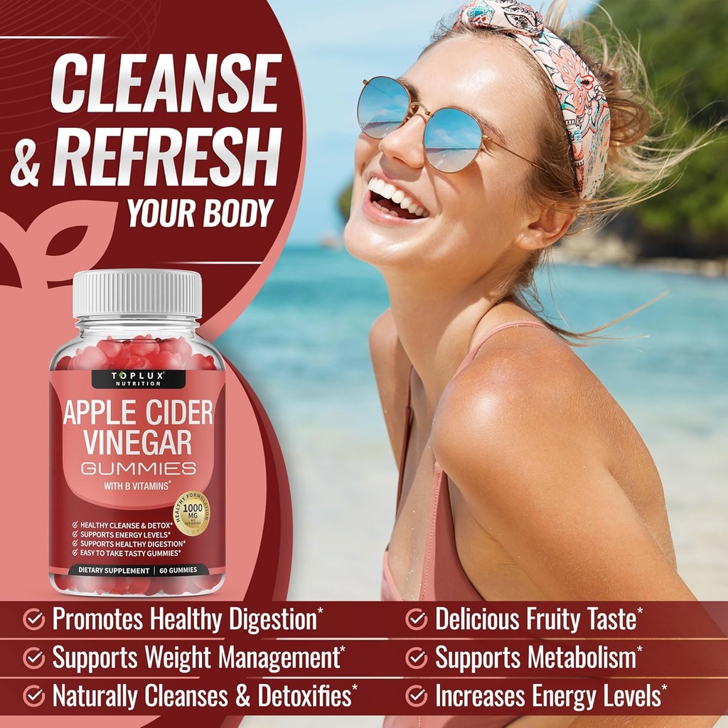 Toplux Apple Cider Vinegar Gummies - 1000mg ACV with B12, Beet Root, Pomegranate for Immune System, Detox & Cleanse, Gummy Alternative to Apple Cider Vinegar Capsules, for Men Women, 60 Gummies 4