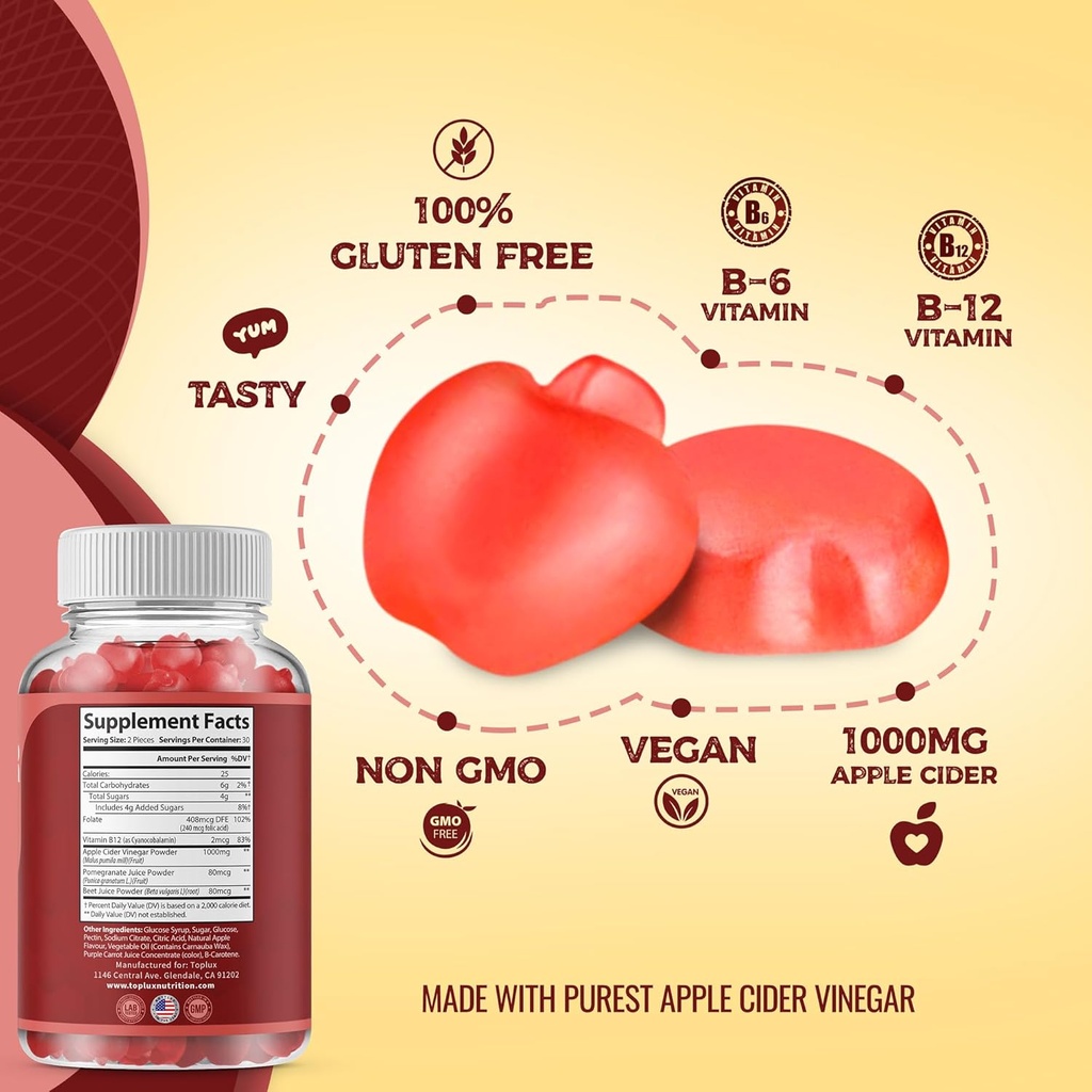 Toplux Apple Cider Vinegar Gummies - 1000mg ACV with B12, Beet Root, Pomegranate for Immune System, Detox & Cleanse, Gummy Alternative to Apple Cider Vinegar Capsules, for Men Women, 60 Gummies 5