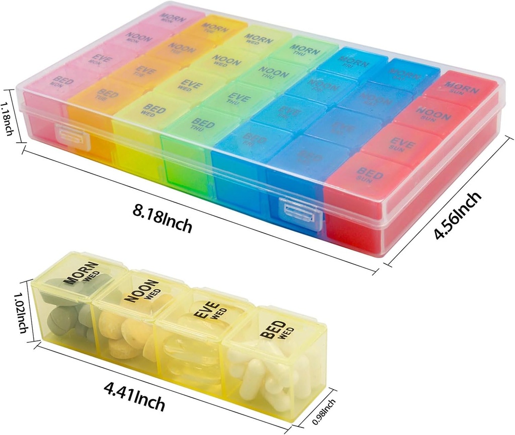 Weekly Pill Organizer 4 Times a Day, 7-Day Pill Boxes, Monthly Medication Organizer 28 Days Portable Compartments & Moisture-Proof Outer Case for Vitamins, Fish Oils, Supplements(Color) 5
