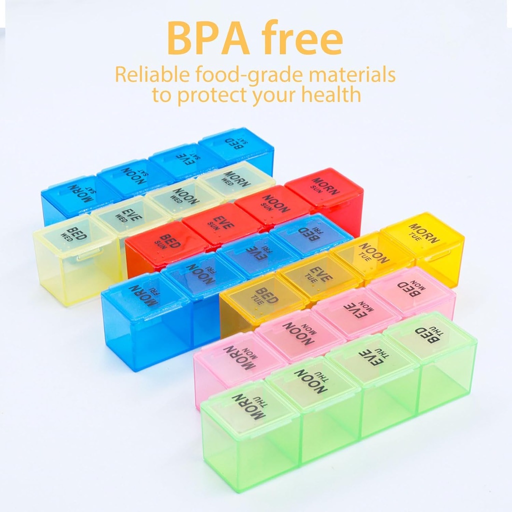 Weekly Pill Organizer 4 Times a Day, 7-Day Pill Boxes, Monthly Medication Organizer 28 Days Portable Compartments & Moisture-Proof Outer Case for Vitamins, Fish Oils, Supplements(Color) 6