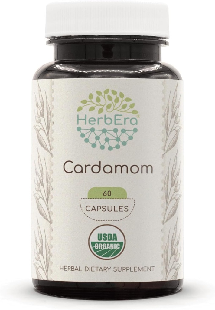 HerbEra Cardamom USDA Organic 60 Capsules | Natural Herbal Supplement | Certified Organic Vegetarian Capsules and Organic Cardamom (Elettaria cardamomum) Dried Pod (60 Capsules) 2