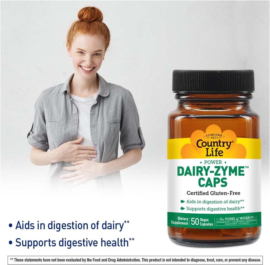 Country Life Dairy-Zyme - Digestive Enzymes for Dairy Relief - Lactase Enzyme Supplement for Lactose Intolerance - 6000 Lactase Units - Gluten-Free, Non-GMO - 50 Vegan Capsules 3