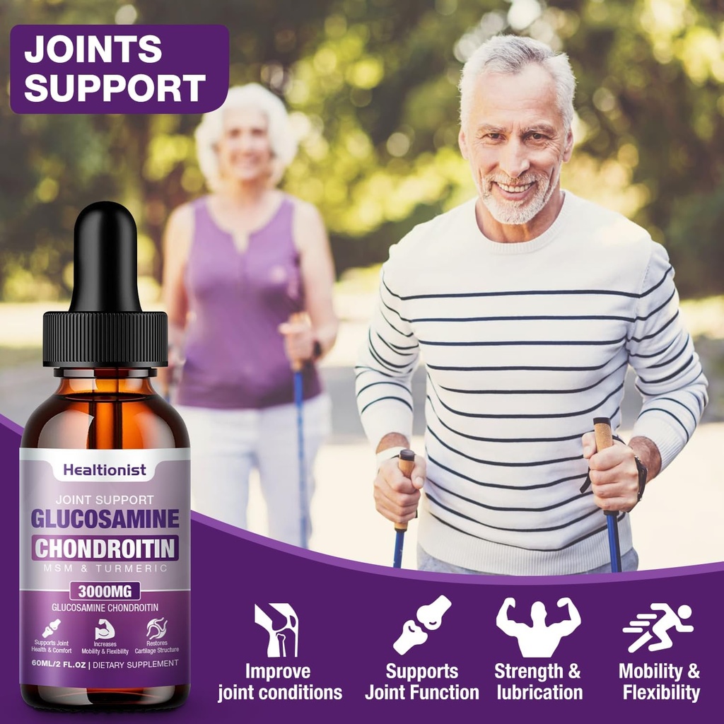 1 Pack Glucosamine Chondroitin MSM Liquid Drops, Extra Strength Joint Support Supplement for Adults Men & Women, Quercetin Boswelia, Bromelain, Antioxidant Immune Support (2 Fl oz) 5