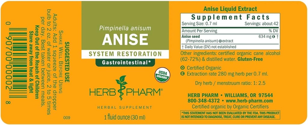 Herb Pharm Certified Organic Anise Liquid Extract for Digestive Support, 1 Fl Oz (Pack of 1) 1 Fl Oz 3