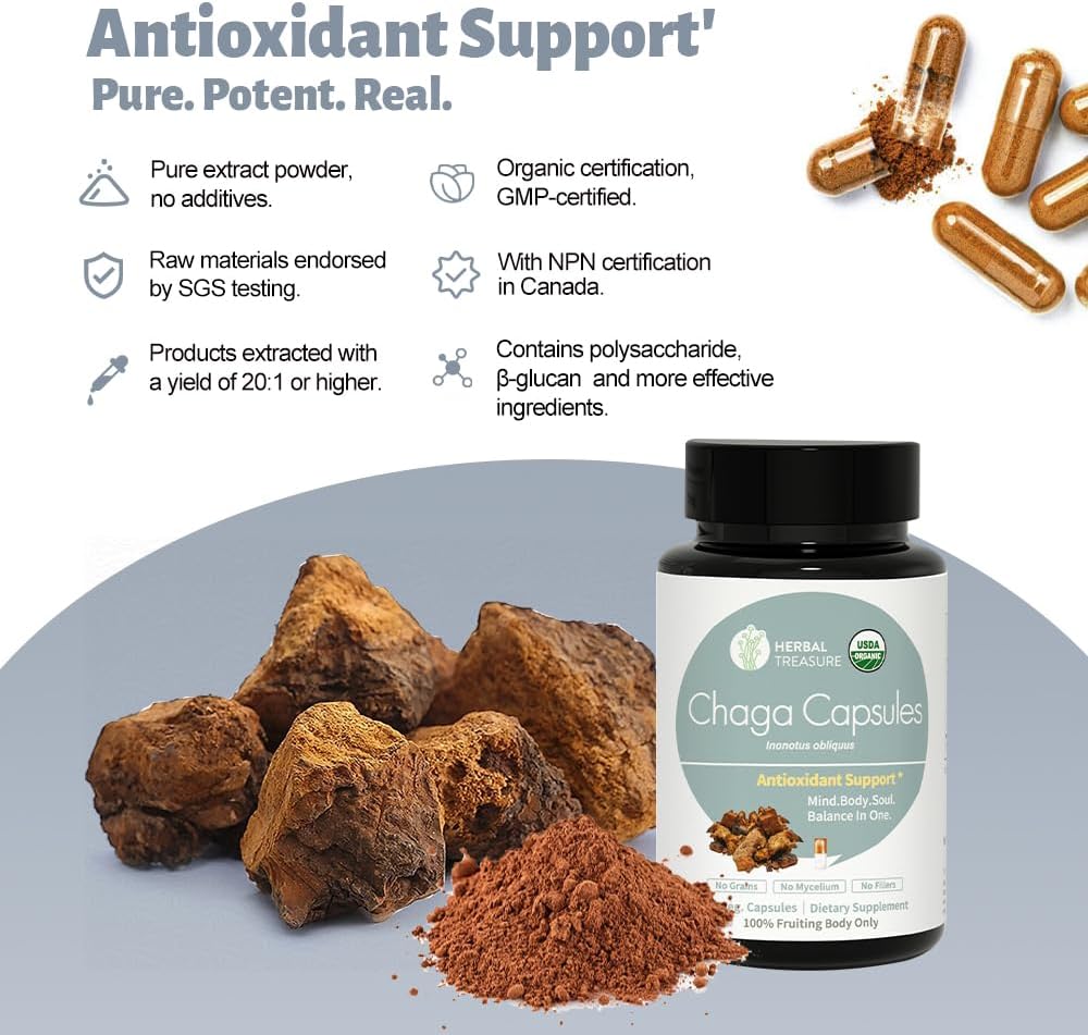 Herbal Treasure Chaga Mushrooms Powder Capsules, Mushroom Supplement for Functional Mushrooms, Chaga Mushroom Capsules for Energy, & Immune Support, Organic Mushroom Supplement 90 Caps 3
