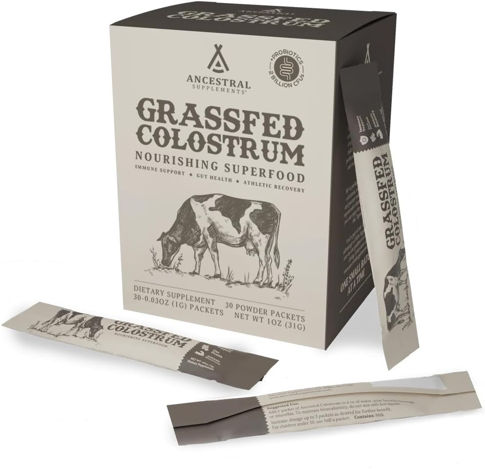Ancestral Supplements Grass Fed Beef Bovine Colostrum Powder Packets, Immune Support Supplement, Gut, Skin & Hair Health Support Supplements, Promotes Growth and Repair, Non GMO, 30 Sticks, Unflavored 2